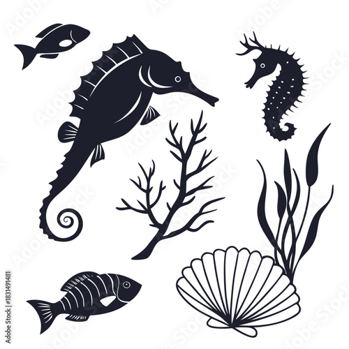 Black silhouette marine life set with fish seahorse and shell