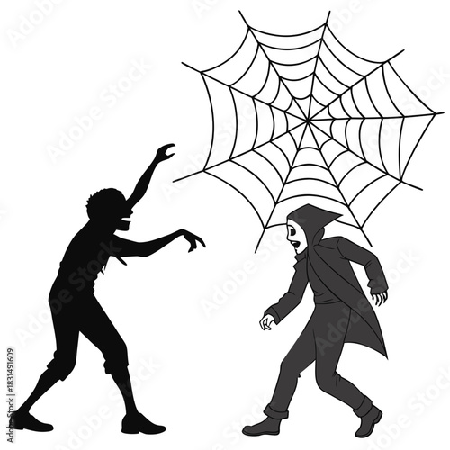 Black silhouette of a zombie reaching towards a person in a plague doctor mask