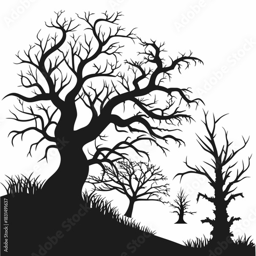 Black silhouette of gnarled bare trees on white background