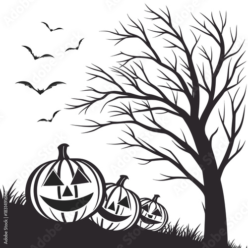 Black silhouette pumpkins bare tree and bats on white