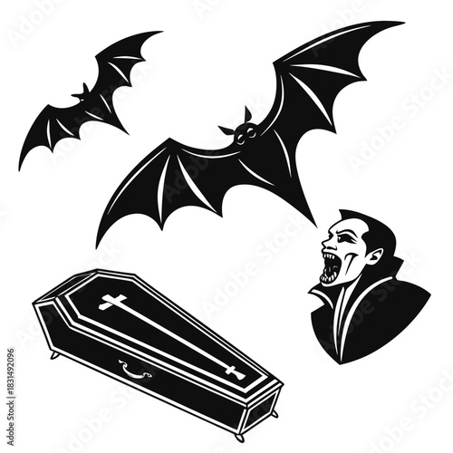 Black vampire bat coffin and head illustration Halloween
