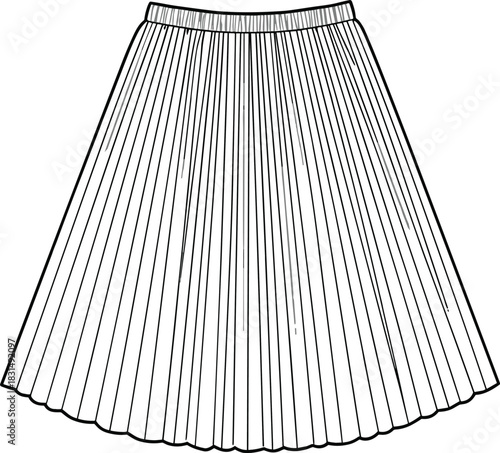 Women’s pleated midi skirt CAD, technical fashion flat, high-waisted, A-line silhouette, vector clothing template.