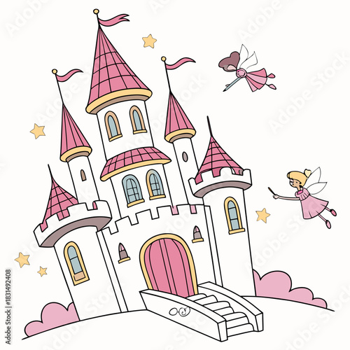 Cartoon fantasy fairy palace with flying fairies and stars