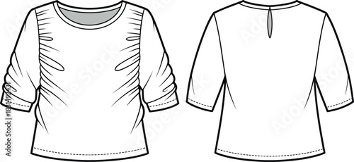 Women’s ruched top cad flat, technical drawing of gathered sleeve blouse, fashion design sketch, apparel vector template, back and front