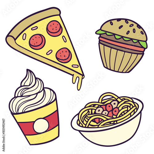 Cartoon food doodles pizza burger ice cream spaghetti