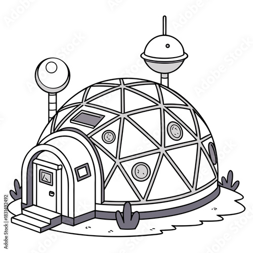 Cartoon geodesic dome house with antenna and windows