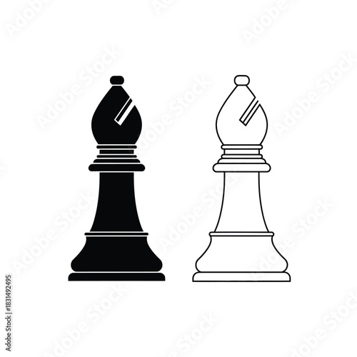 Black and white bishop chess piece vector icons set on a clean background, ideal for strategy, intelligence, and gaming designs