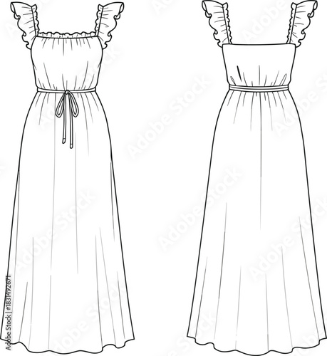 Women’s ruffle strap maxi dress technical flat sketch – gathered bodice, tie waist, scallop hem, front and back views