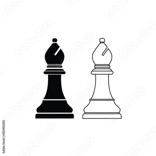Black and white bishop chess piece icons for strategy, game, intelligence, and business concepts on transparent background