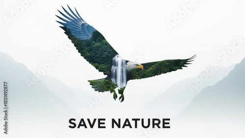 Double exposure of eagle with forest and waterfall promoting nature conservation