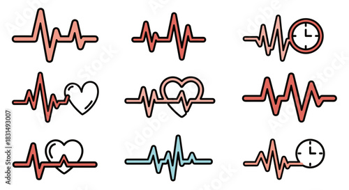 Cute heartbeat, heart, and clock line icons