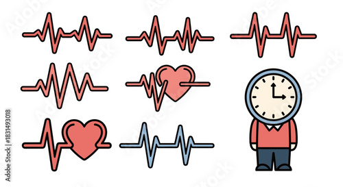 Heartbeat and clock doodle icons set