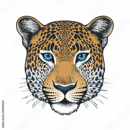 Leopard head illustration with striking blue eyes, a symbol of power and wild beauty