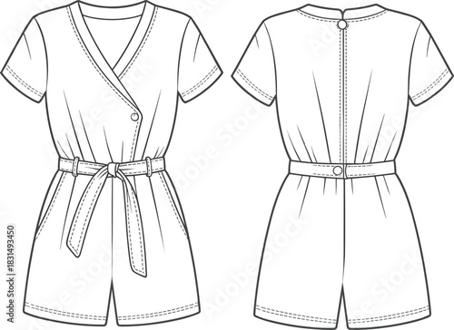 Women’s short sleeve romper flat sketch, belted waist, V-neck wrap front, casual summer outfit, button closure, side pockets, fashion design