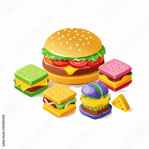 Colorful Isometric Burger and Sandwiches Illustration Tasty Food Elements on White