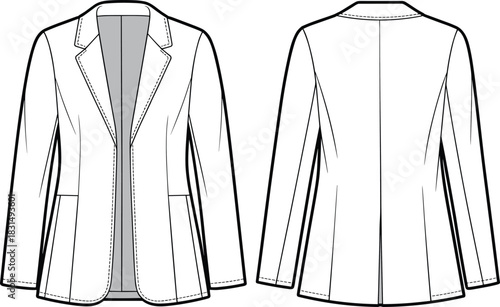 Women’s single-breasted blazer cad drawing, front and back technical sketch, tailored jacket flat vector fashion design for Adobe Stock