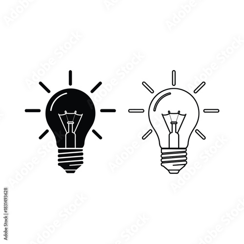 Abstract black and outline lightbulb icon set symbolizing innovative ideas, electricity, and creative thought.