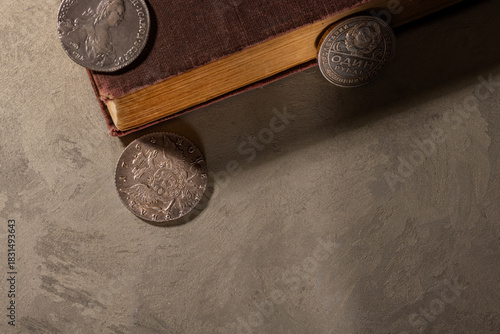 Numismatics. Old collectible coins on the table. Top view.