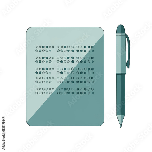 A graphic illustration of a teal-colored test sheet and matching pen on a white background with a simple composition.