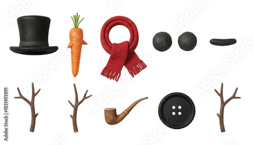 Collection of snowman building accessories including a black top hat, carrot nose, red scarf, coal eyes, pipe, and branch arms isolated on transparent background