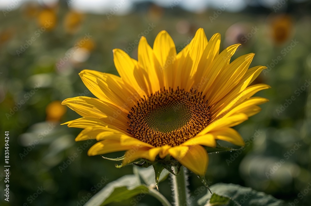 Obraz premium Radiant Yellow Sunflower in a Sunlit Field with Soft Bokeh Background.