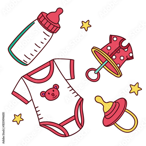 Baby clothes bottle pacifier and stars vector infant