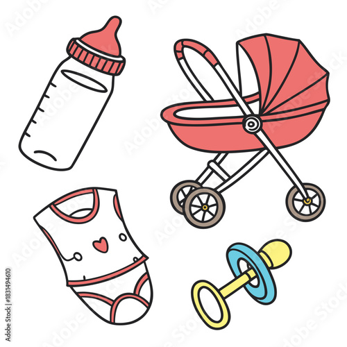 Baby items doodle set coral red stroller pacifier bib
