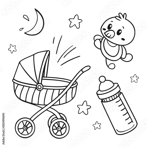 Baby stroller chick bottle moon stars doodle vector