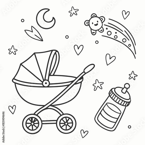 Baby stroller bottle moon stars hearts doodle vector