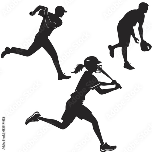 Baseball softball player silhouettes action poses vector
