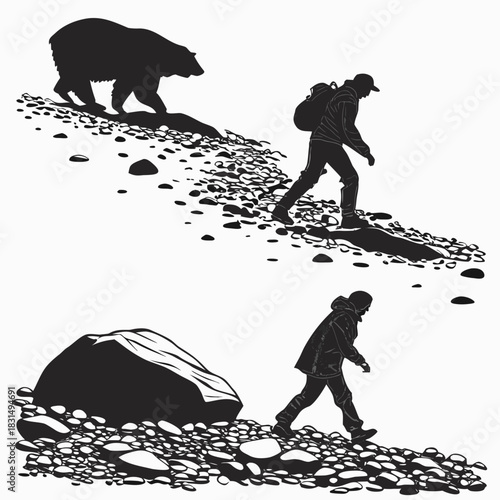 Bear and hikers on rocky terrain black and white silhouettes