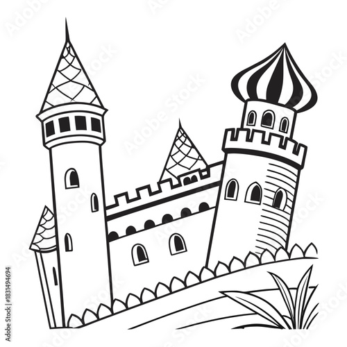 Black and white castle illustration with towers and battlements