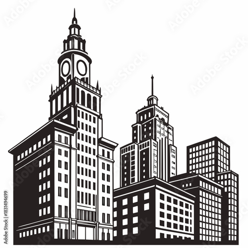 Black and white cityscape silhouette with clock tower