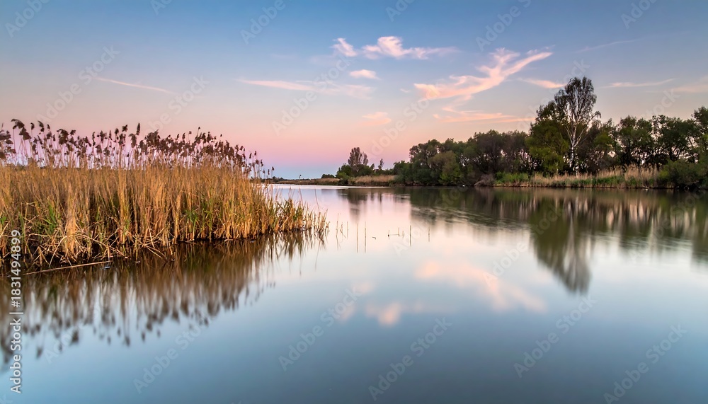 Obraz premium Serene Lakeside Sunset - Reflections of Natures Beauty at Dusk.