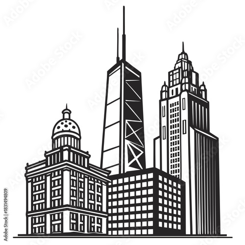 Black and white graphic of diverse city skyscrapers