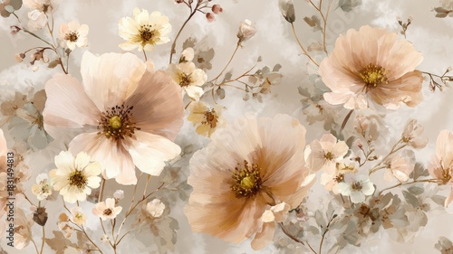 Pastel Beige Canvas Floral Clusters Watercolor Style Soft Botanical Art Gentle Elegant Design