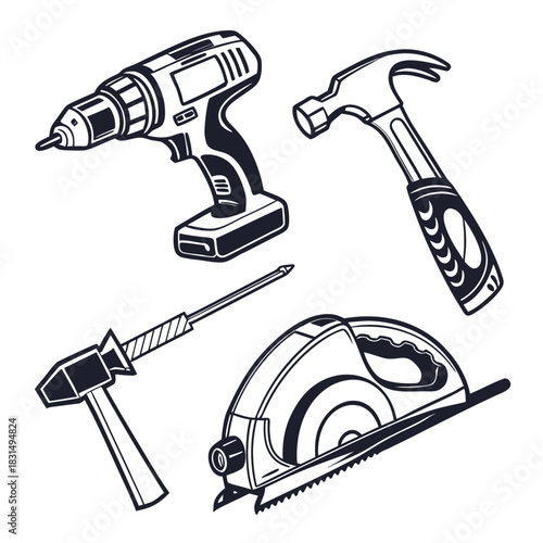 Black and white illustration of construction tools