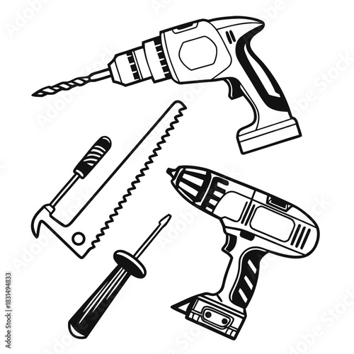 Black and white illustration of power drills and hand tools