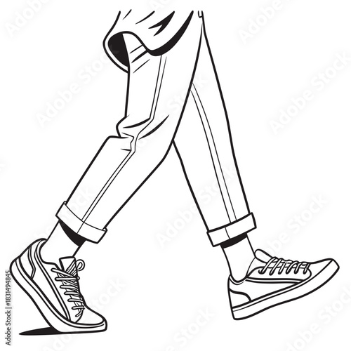 Black and white illustration of walking legs in sneakers