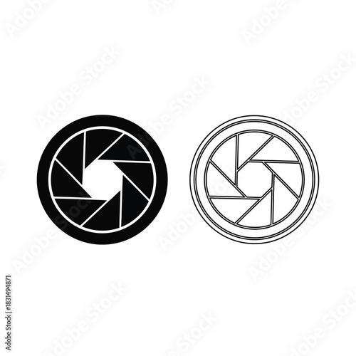 Camera aperture icon set in black filled and outline variations, symbolizing photography, lens mechanics, and light exposure control mechanism.