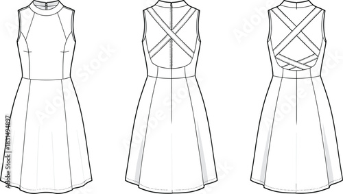 Women’s sleeveless skater dress technical flat sketch, back cutout crisscross straps dress fashion vector template