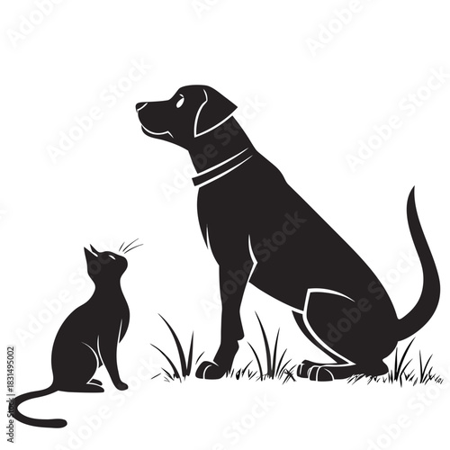 Black cat and dog silhouettes sitting in grass white