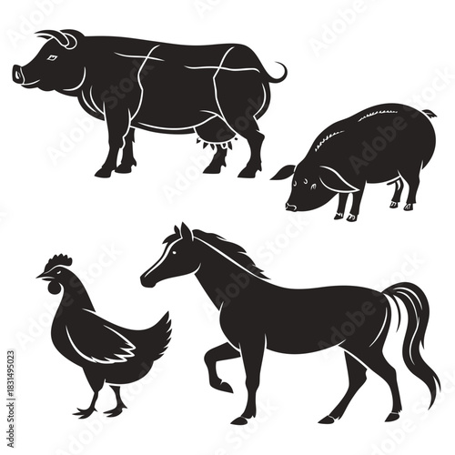 Black farm animal silhouettes on white background farm animals