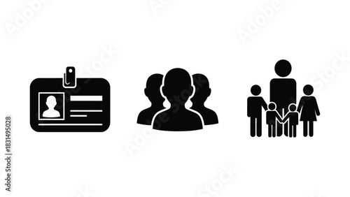 Business, Team, and Family Icons Set: ID Card, User Group, and People Silhouettes Vector Illustration