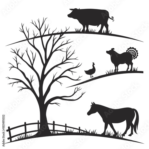 Black farm animal silhouettes on white background with tree