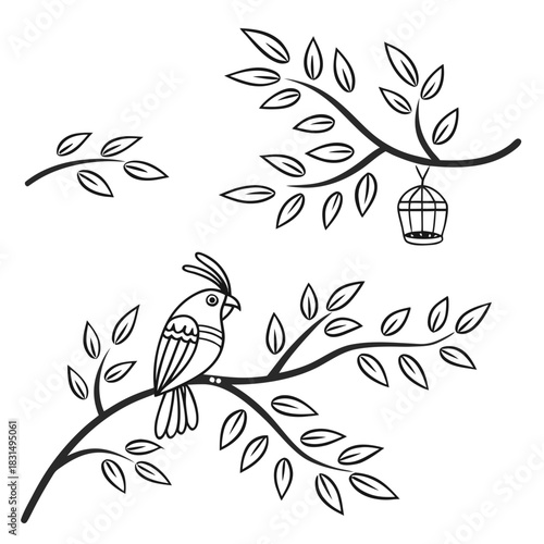 Black line art bird on branch with cage and leaves