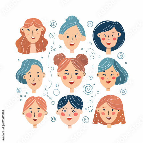 Adorable collection of diverse female faces. Minimalist doodle art with unique hairstyles, cheerful expressions, celebrating individuality and community