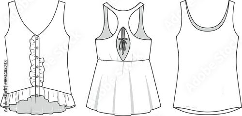 Women’s sleeveless tops fashion set, CAD flat sketch illustration, vector drawing of stylish tank tops, front and back views