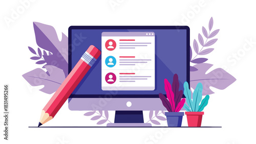 Online Registration or Survey Form on Computer Screen with Pencil. User Profile Management Vector Illustration.