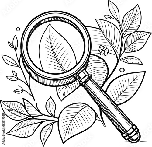 Magnifying glass focusing on a leaf surrounded by plant branches in a detailed line art drawing
